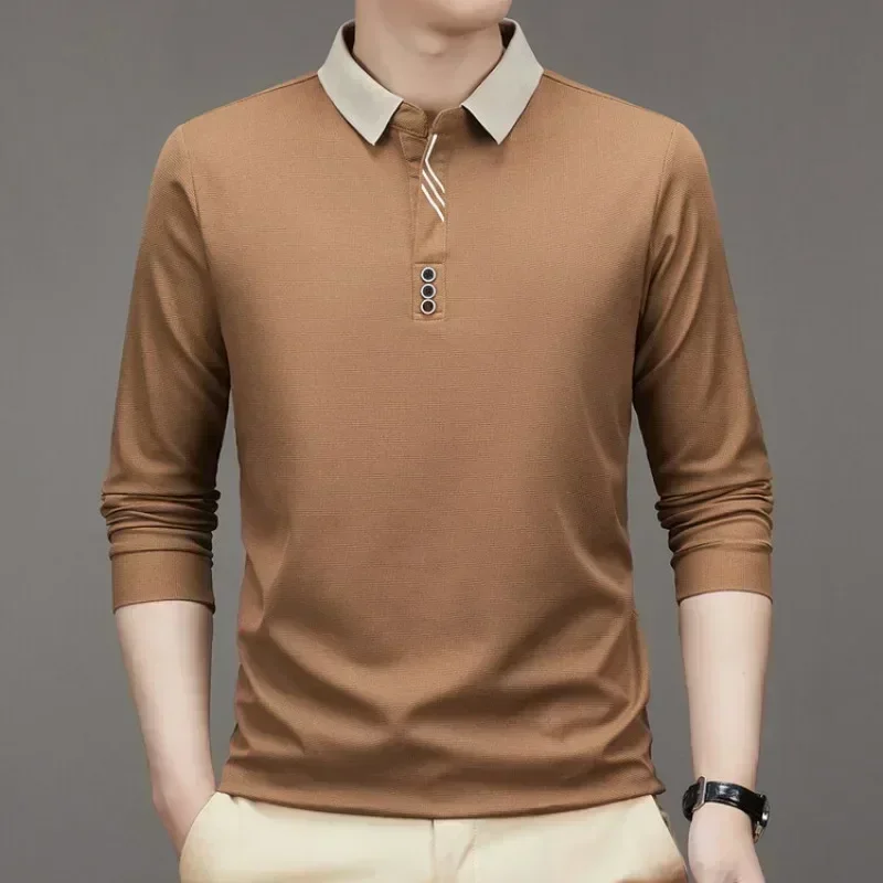 Men's Long Sleeve Turn-down Collar Waffle T-shirt Business Casual Polo Shirt Tee image 6