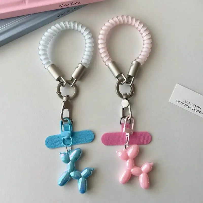 1PC Girls' Macaron-Colored Spring Cord Phone Wrist Strap, Pink and Blue Two-Tone balloon Dog Pendant, Creative Anti-Loss Hanging