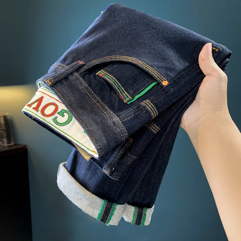 

Темно-синие элитные мужские джинсы, осенний тренд, цвет, японский стиль, уличный универсаль, маленькие брюки