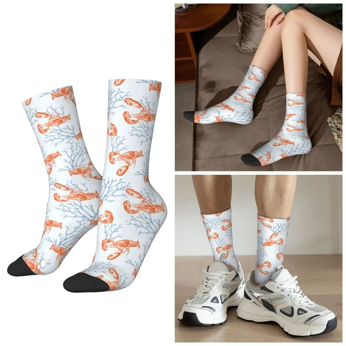 All Seasons Crew Stockings Design Coastal Red Lobsters And Coral Socks Funny Long Socks for Men Women Valentine's Day Gifts