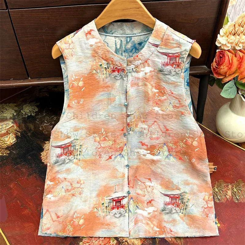 

Women Elegant Sleeveless Vest Top New Chinese Style Jacket Reversible Tang Clothes Tradition Mandarin Collar Qipao Shirt