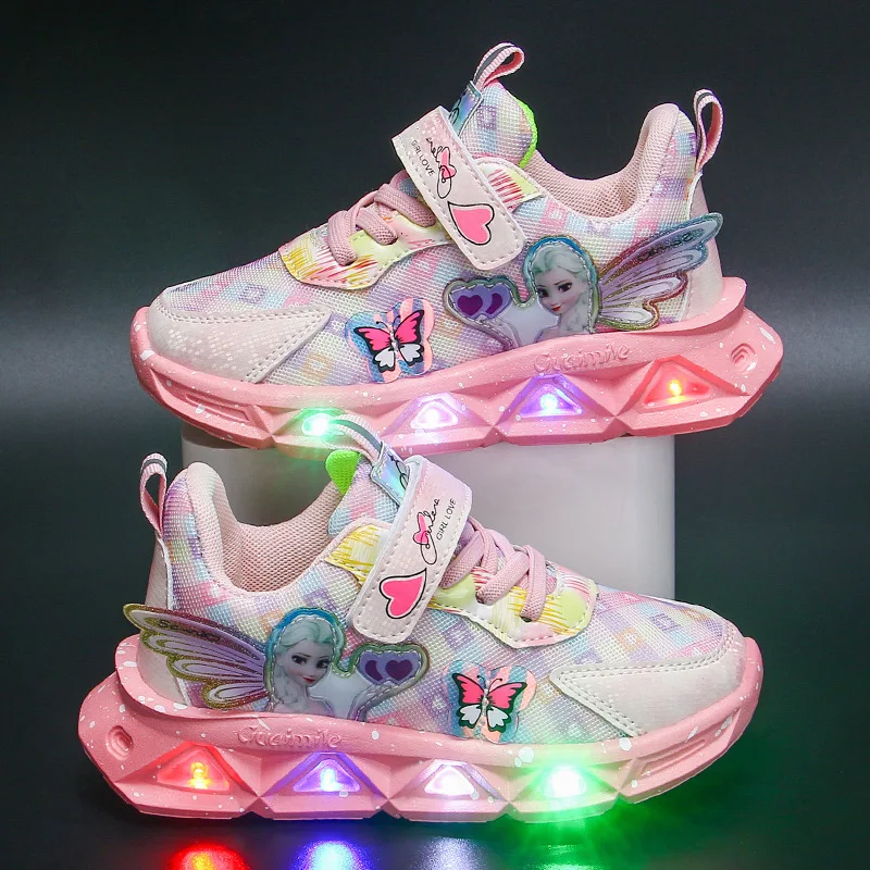 Frozen LED Shoes Anime Elsa Princess Sport Shoes Disney Tennis Shoes Girls Luminous Shoes Kids Casual Sneakers Size 22-35