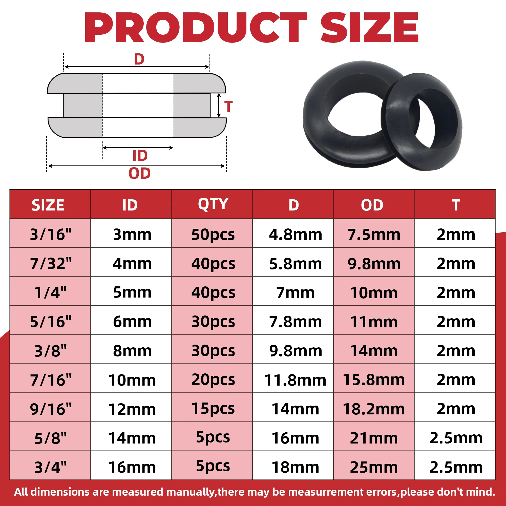 Kit surtido de ojales de goma, arandelas de 9 tamaños, 215 ", 3/16", 7/32 ", 1/4", 5/16 ", 3/8", 7/16 ", 9/16", 5/8 ", 3/4" y ", color negro, piezas