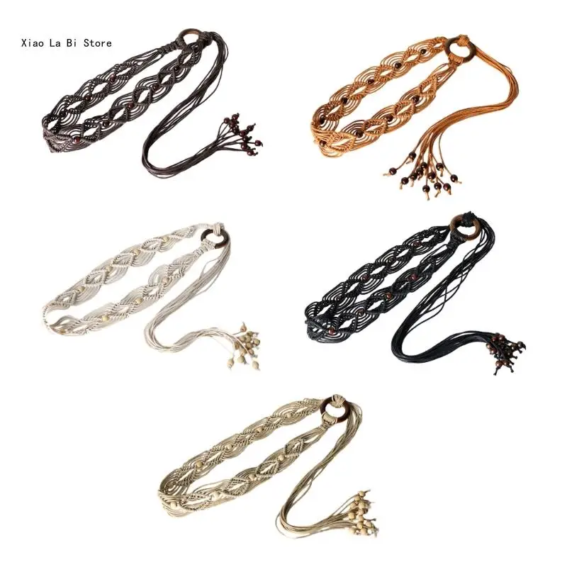 

Women Braided Waist Belt Vintage Thin Bohemian Belts with Beads Decors Decorative Cool Girls Dress Shirt Waist Belt XXFD