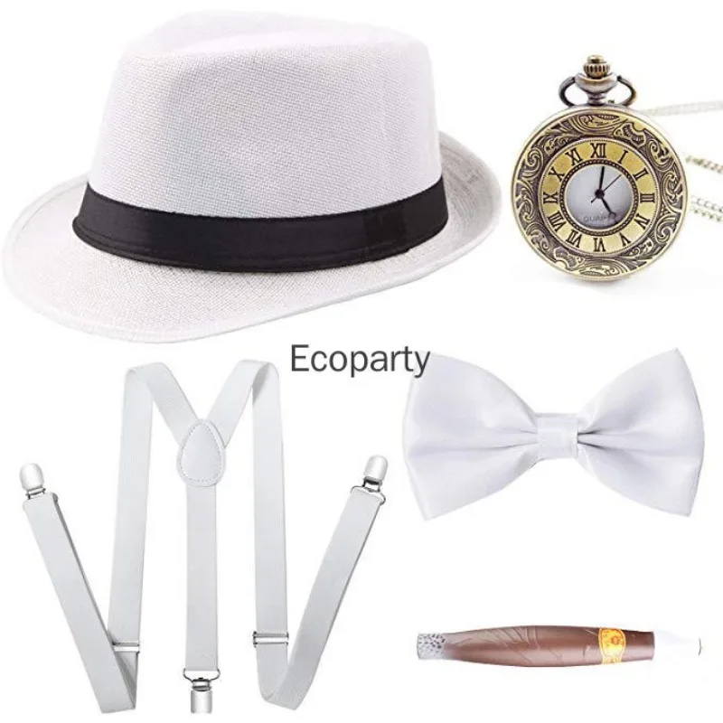 Akcesoria męskie z lat 20. Zestaw akcesoriów do kostiumu gangstera w stylu lat 20. z motywem Gatsby'ego, zestaw z kapeluszem panama, kostium z lat 20. w stylu Roaring 20s, kostium kowbojski na imprezę.