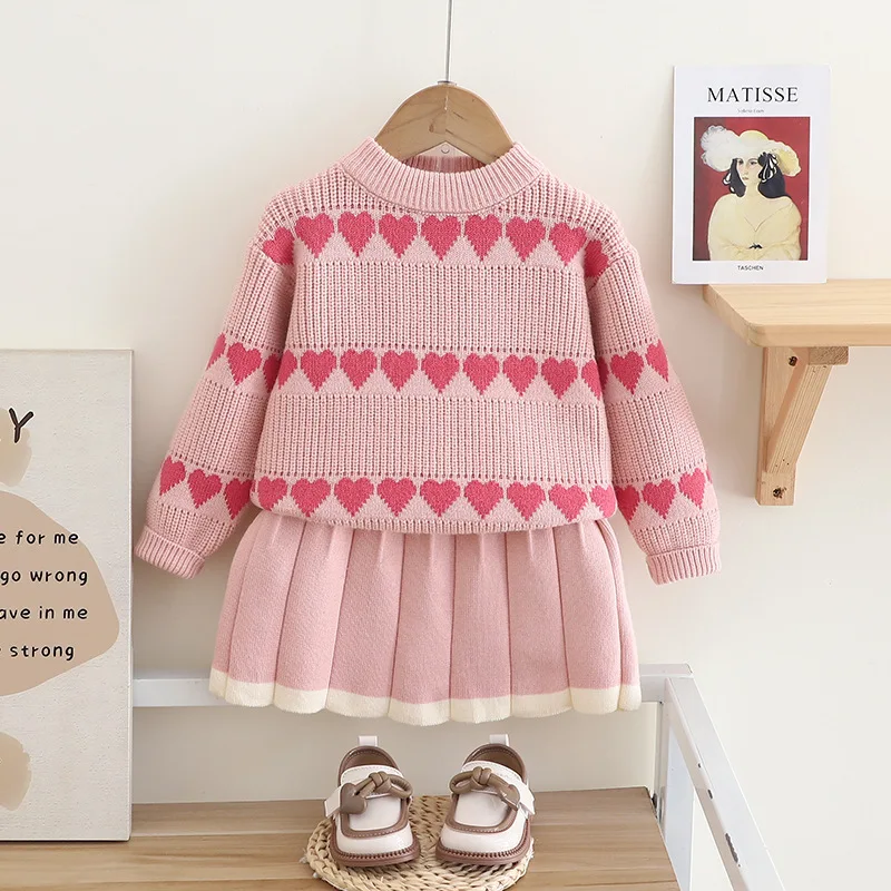 

Vintage Knitting Set Girl Autumn Winter Sweet Two Piece Set Sweater Top and Skirt Cute heart-shaped printing 0-6 Year Old cloth