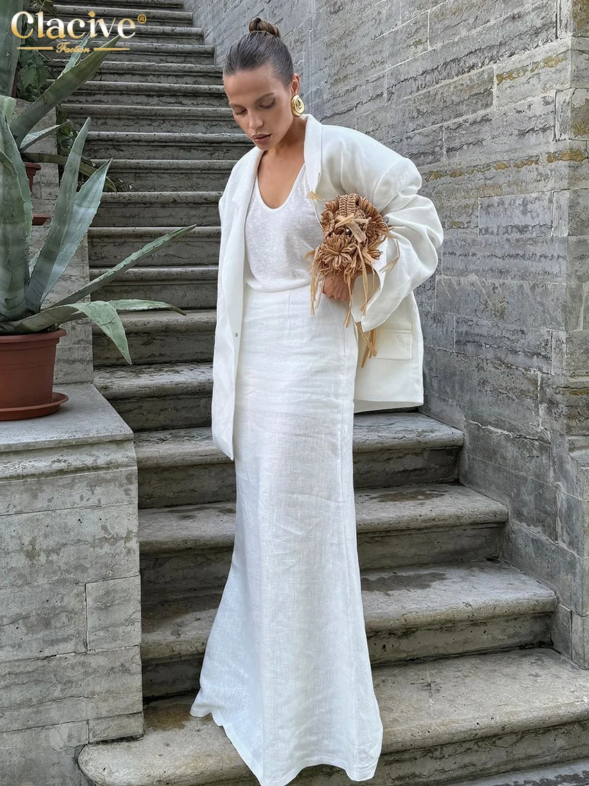 Clacive Fashion Luźne białe bawełniane 2-częściowe zestawy damskie Elegancka marynarka z długim rękawem i długą spódnicą z wysokim stanem dla kobiet