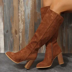 Buty Kobiety Kowbojskie Obcasy Western Chunky Shoes Skórzane Kolana Wysokie Długie Eleganckie Projektant Plus Size New Rock Pole Dance Brown