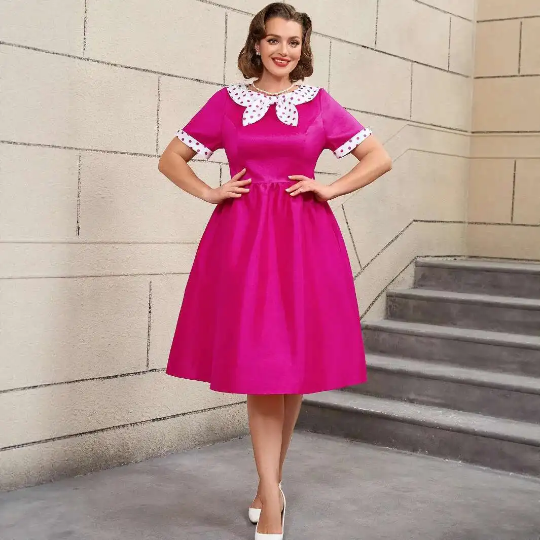 

Am050253color-block Polka Dot Collar A-line Dress with Large Hem, Elegant Vintage High-waist Dress Dress Robe Vestido Women