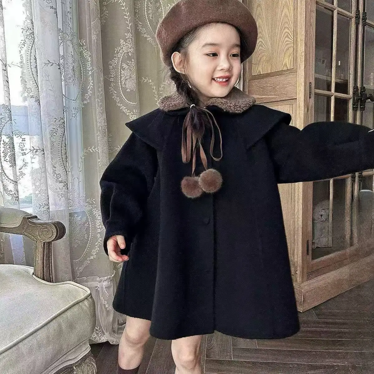 

Girls' Woolen Coat Autumn And Winter 2025 New Fashionable Children's Thick Wool Collar Woolen Coat 100-140cm