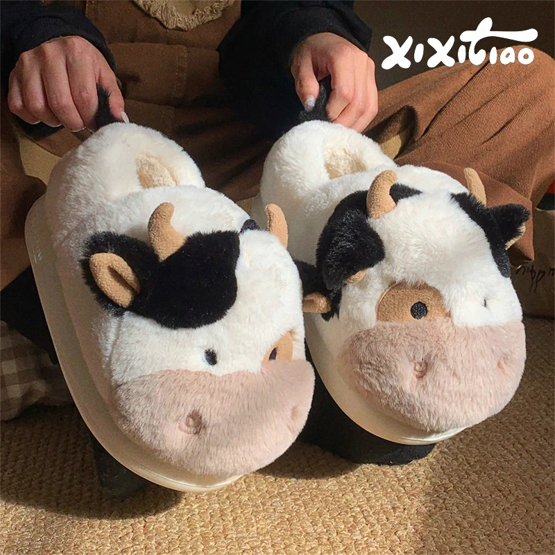XIXITIAO Warm Cow Slippers for Women Cartoon Cute Plush Soft Thick-Soled Indoor Slippers Winter Home Couples Shoes Surprise Gift image 3