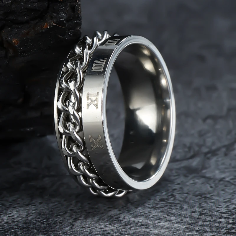 Viking Roman Numerals Anti Stress Rotating Ring For Men Silver Color Anxiety Relife Spinning Stainless Steel Fidget Rings Anillo