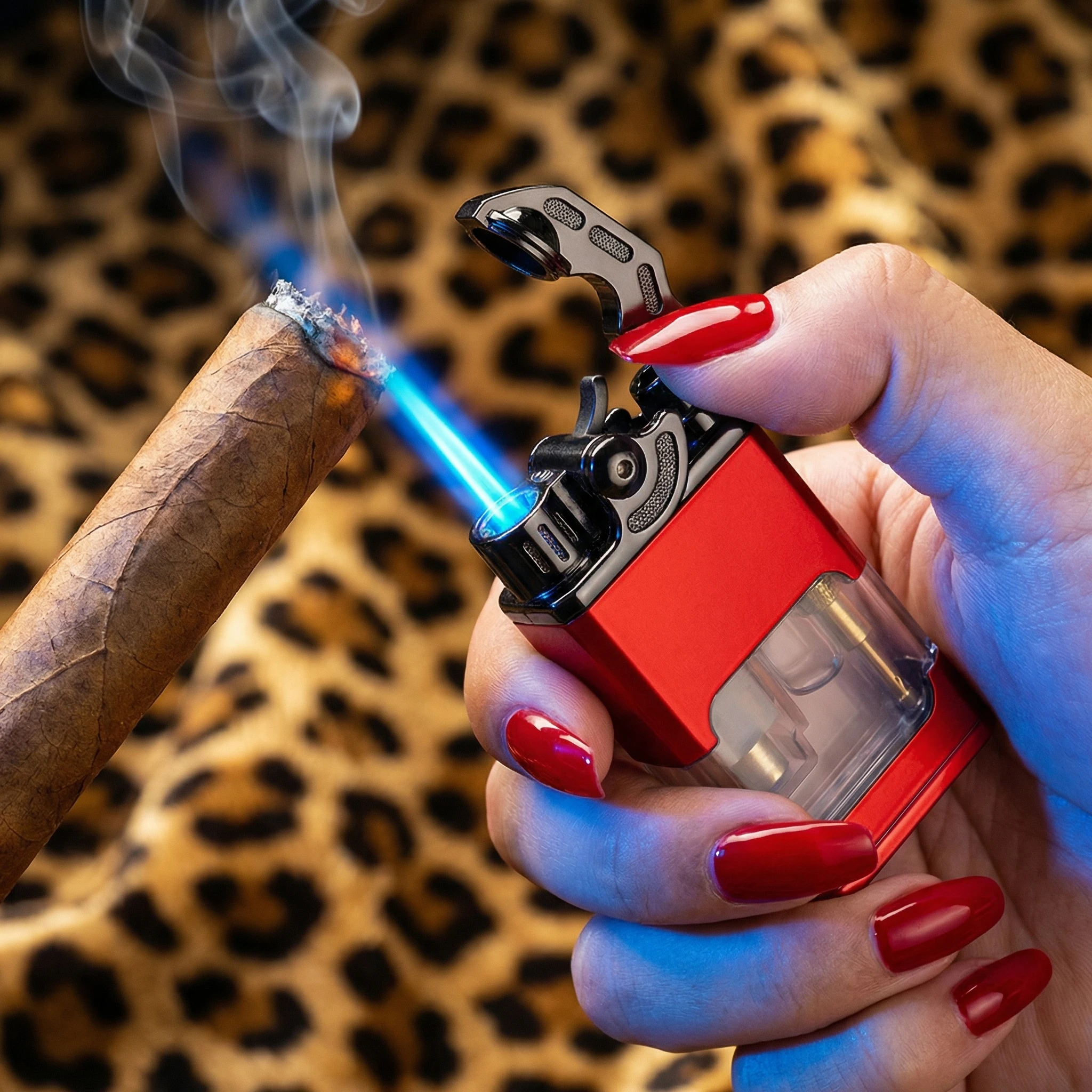 Mechanical Rocking Arm Jet Torch Lighter,Windproof Refillable Butane Lighter with Transparent Gas Window Perfect Gift for Men