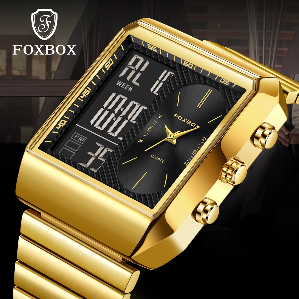 FOXBOX Creative Watch For Men Fashion Square Gold Quartz Men Watch Casual Sports LED Waterproof Chronograph Relogio Masculino