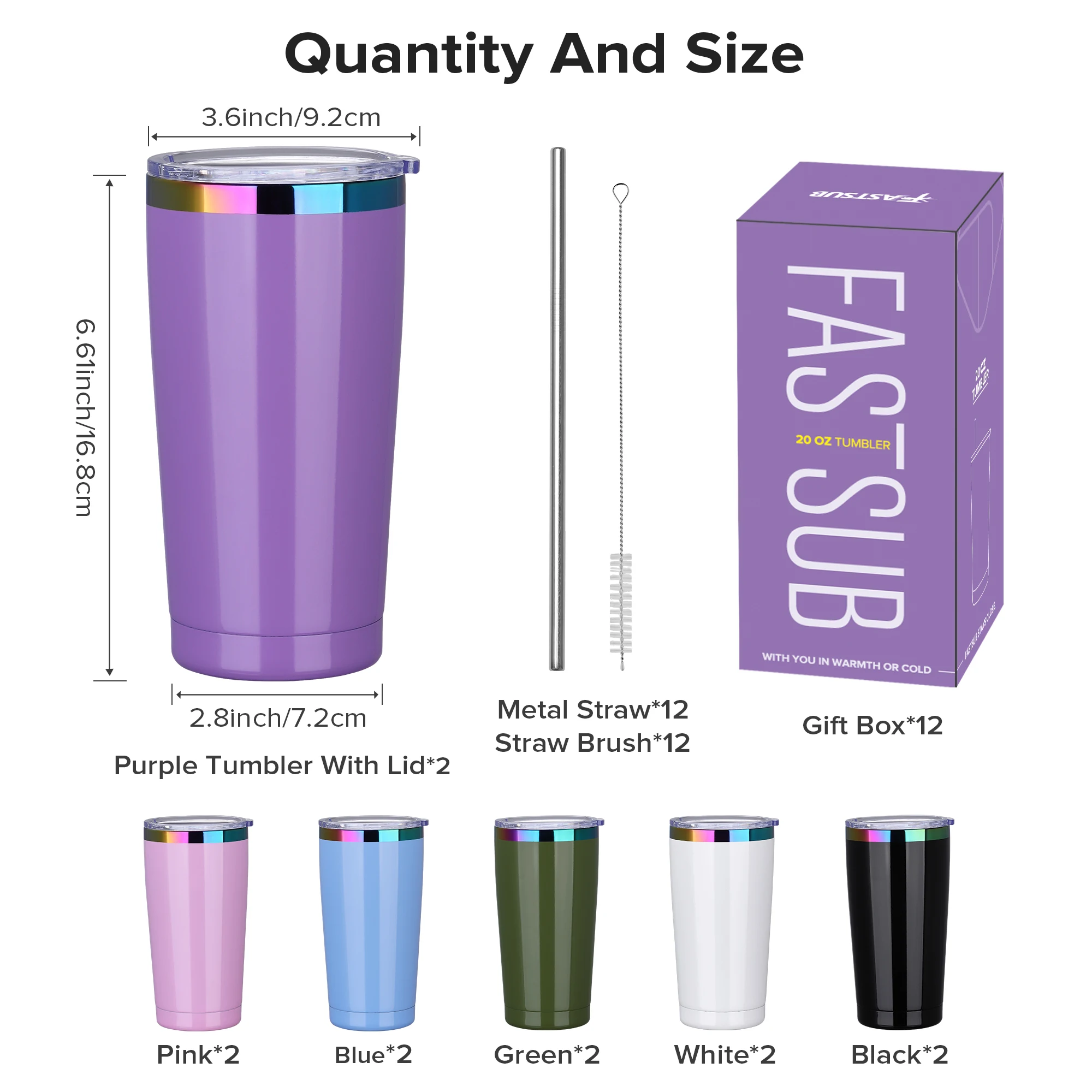 12 Pack 20 oz Stainless Steel Tumblers Bulk, Insulated Travel Cup with Lid, Fit Laser Engraving, Car Cupholder (Assorted Colors) view 3