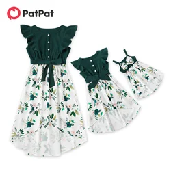 PatPat Mommy and Me Dark Green Matching Ruffle Floral Printed Stitching Solid Midi Dresses