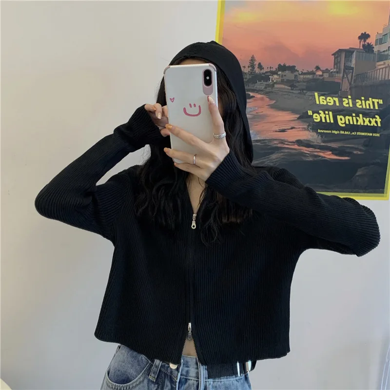 Knitting Women Fashion Black Ribbed Zip-up Cardigans Autumn Casual Hooded Long Sleeve Autumn Sweater Cropped Slim Tops Knitting