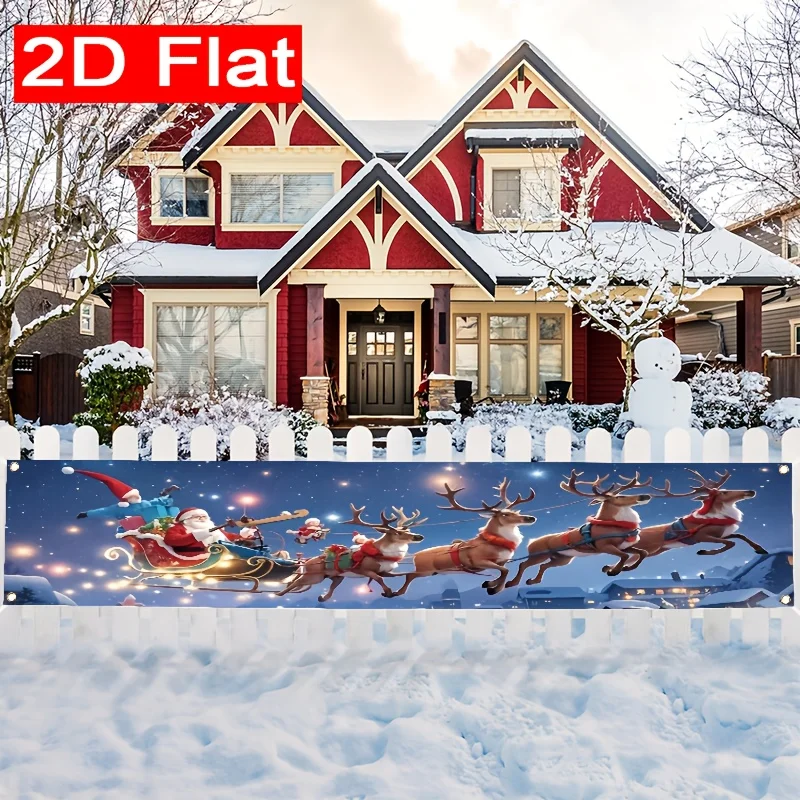 1 pancarta festiva de valla navideña: trineo de Papá Noel con diseño de renos, copos de nieve y estrellas.