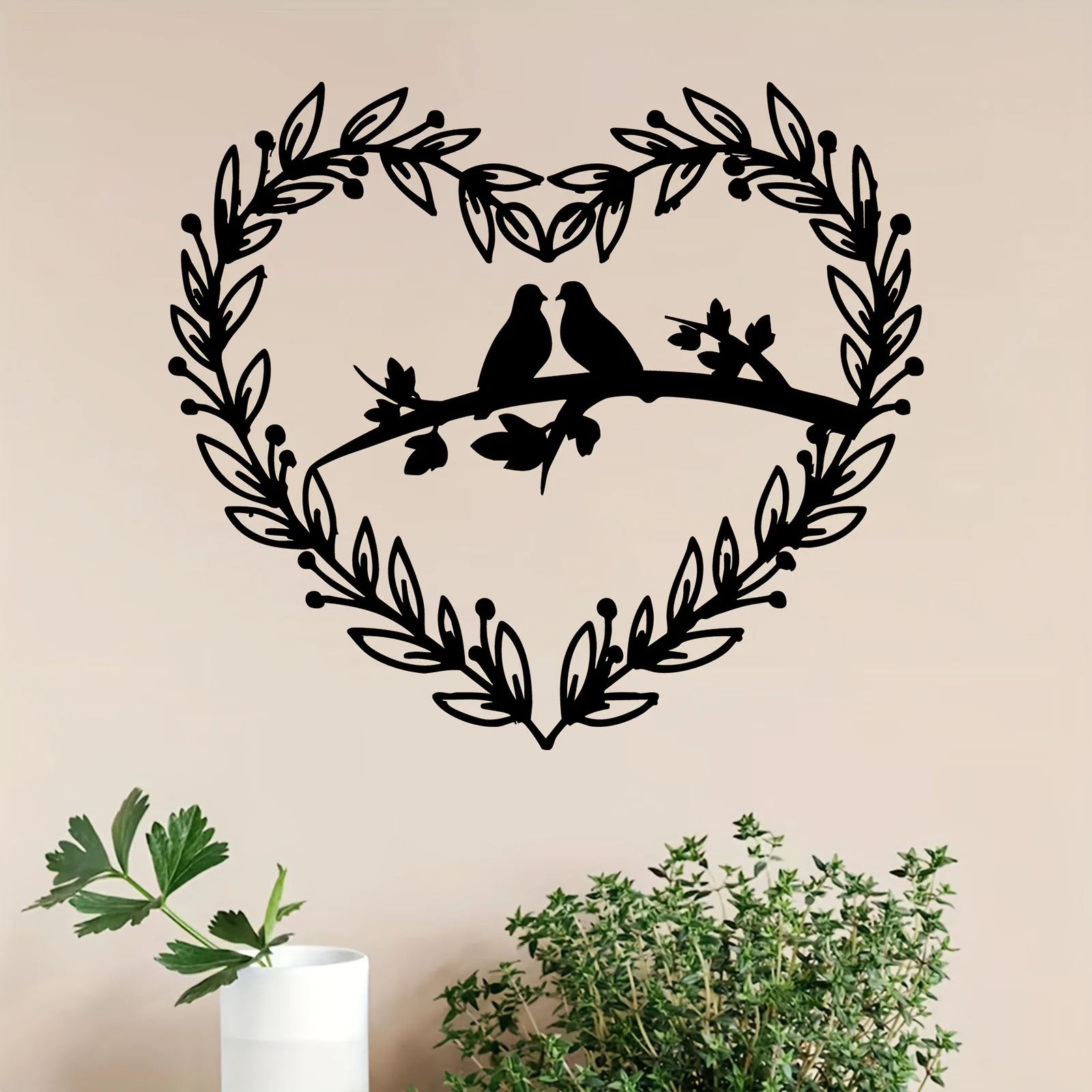 Heart And Dove Metal Wall Art, 2D Flat Laser Cut Romantic Silhouette Wall Sculpture, Boho Cottage Core Style