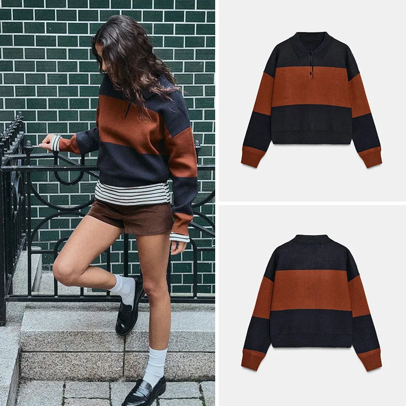 

Autumn New Arrival Women's Knitted Ne Long Sve Striped Academic Sle Top Casual Loose Fit Single Piece