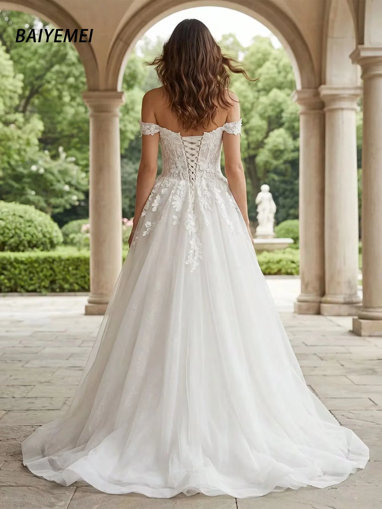 Customized Size Women Off Shoulder A Line Wedding Dress Lace Appliques Tulle Bridal Gown Lace‑Up Back Floor Length Bride Dresses