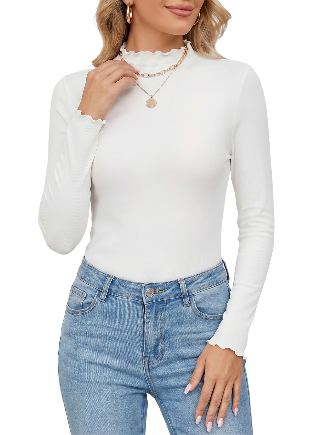 2-piece casual crew-neck fitted solid-color black and white long-sleeved T-shirt, suitable for all seasons in spring and summer view 2