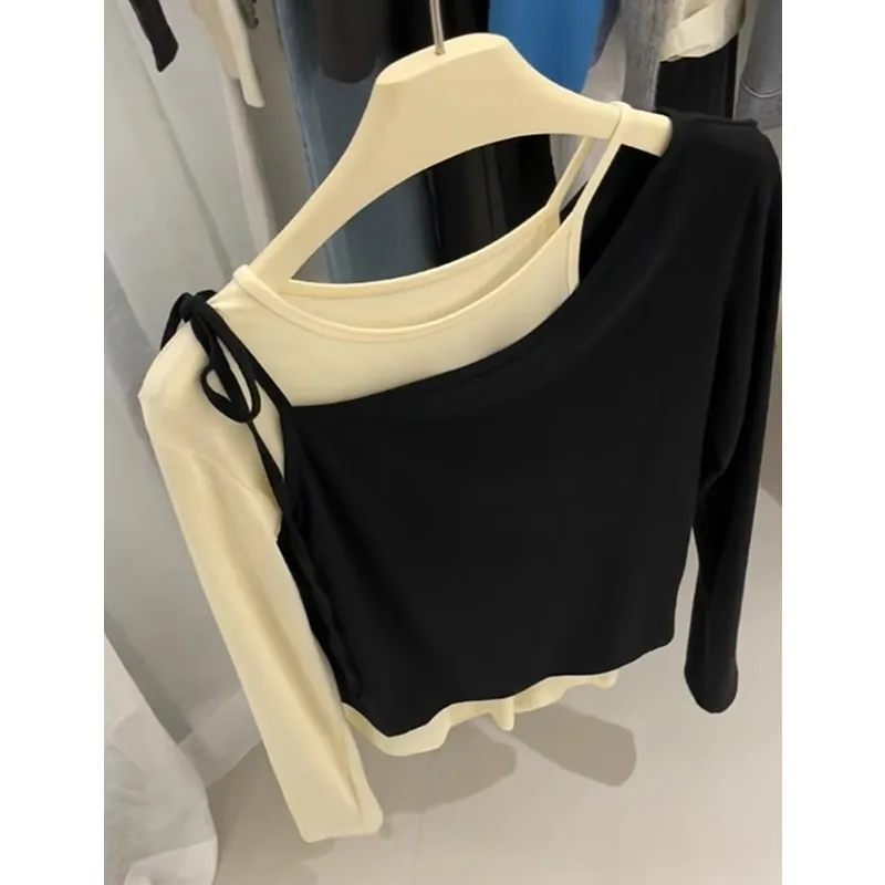 

American Retro Patchwork Color Block Design Unique Long Sleeve Women's Top High-End Versatile Autumn Commute Style T-shirt