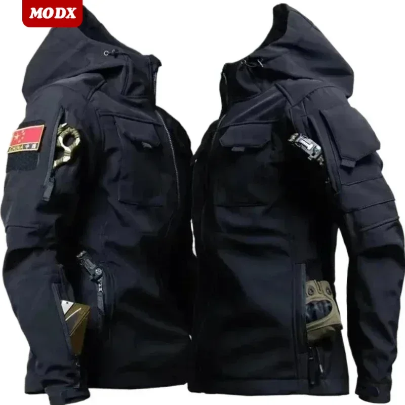 Tactical Men Soft Shell Hooded Jacket Winter Fleece Multi Pocket Warm Overalls Outdoors Training Windproof Hunting Uniform