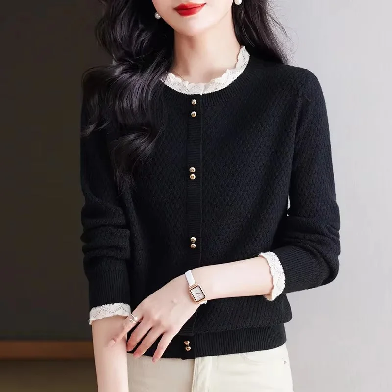 2025Spring Autumn New Thin Sweater Women Coat   Pullover Lace Join Together Knitwear Bottoming Shirt Ladies Fashion Jacket Tops