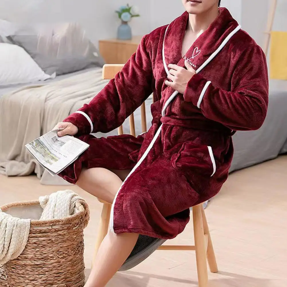 Men Bathrobe Lengthened Fleece Pockets Thicken Soft Keep Warm Nightgown Turn-down Collar Winter Sleeping Bath Robe Sleepwear