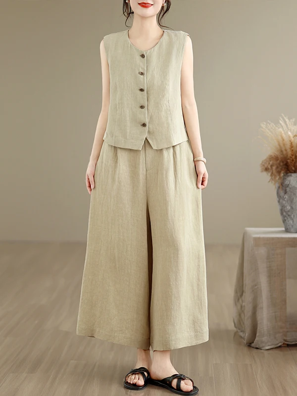 

Summer 2026 Women's Cotton Linen Set V-neck Tank Top Wide-leg Pants Two-piece Suite Casual Commute Style Lightweight Breathable