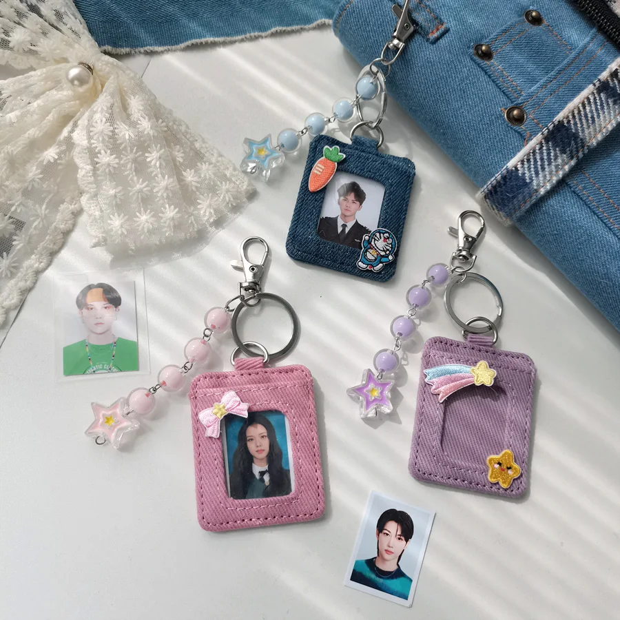 Retro Jeans Card Protector - 2-Inch Photo Frame Keychain for ID Cards, Keys & Accessories Photo Card Sleeve(Y2K Grunge Style)