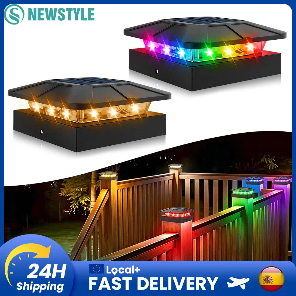 Lampes solaires à capuchon pour poteaux RGB/tricolores, lampes solaires pour poteaux de clôture, pour poteaux en bois/vinyle 4x4, étanches IP65, 3 modes d'éclairage pour l'éclairage de jardin et de cour