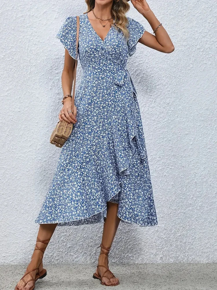 Robe d'été à lacets imprimée pour femmes, robes florales, robes à manches courtes, robes décontractées, robe de vacances, vêtements pour femmes, nouvelle collection