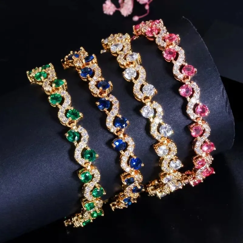 

Wholesale 2024 New Fashion Jewelry Bracelets Pink Blue Green Diamond Tennis Cubic Zirconia Link Chain Bracelet