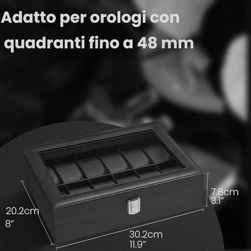 صندوق ساعة SONGMICS مع 12 فتحة، علبة ساعة بغطاء زجاجي، صندوق عرض للساعة مع وسائد ساعة قابلة للإزالة، مشبك معدني #1