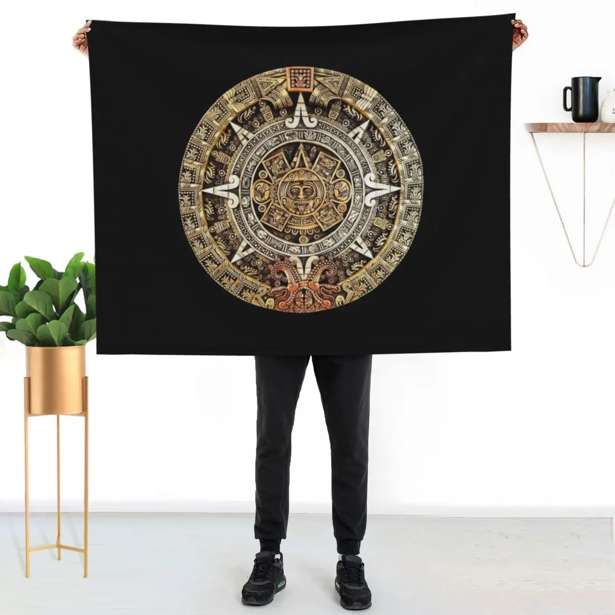Stone Aztec Calendar Throw Blanket Beach Flannel Fabric Camping bed plaid decorative Large Blankets