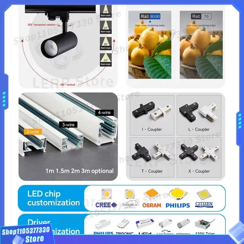 Adjustable COB LED Track Light 15 to 60 Degree Beam Angle Black White Contrast Spot Lighting Fixture for Art Museum