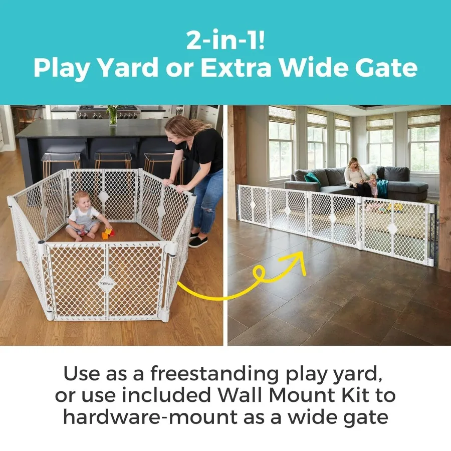 Superyard Duo Patio de juego extra ancho para puerta de bebé: Parque infantil para bebé de 6 paneles con kit de montaje en pared para un uso interior seguro Ancho ajustable f