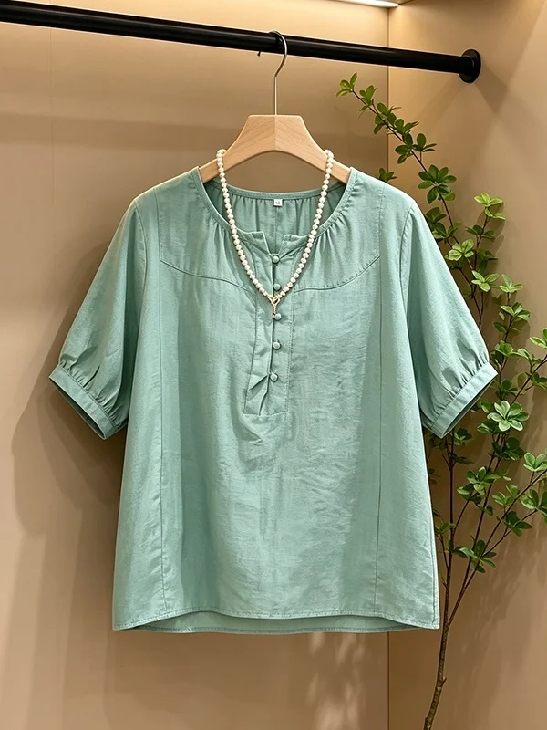 

Loose Casual round Neck T-Shirt Women's Design Sensation All-Match Color Button up Top Korean Style Breathable Short Sl...