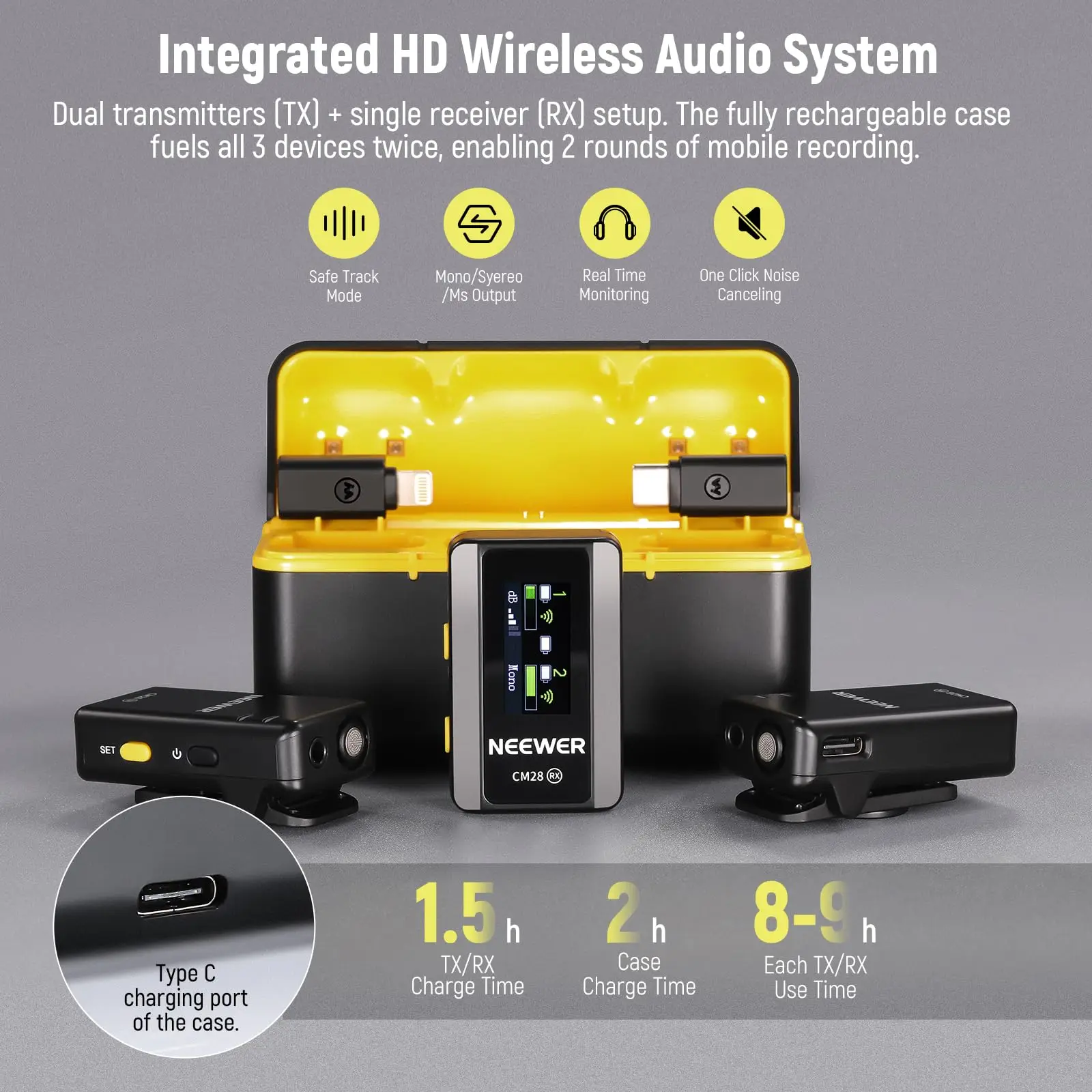 نظام ميكروفون لاسلكي من NEEWER CM28 مع علبة شحن وخاصية إلغاء الضوضاء متوافق مع كاميرا iPhone iPad Android PC