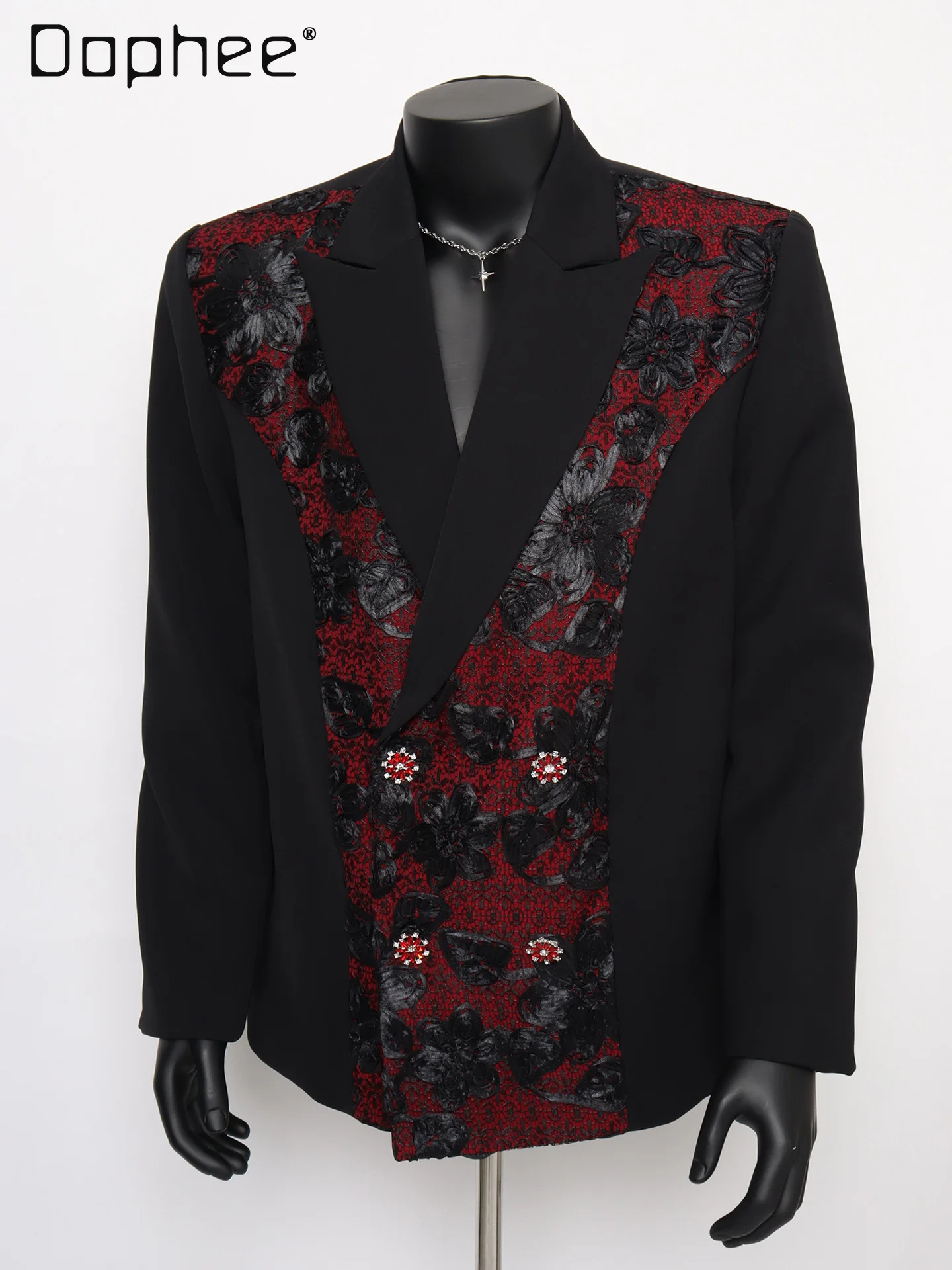 

Light Luxury Handsome Fashion Suit Men Trendy Patchwork Floral Long Sleeve Suit Men's High-end Double-breasted Peak Lapel Blazer