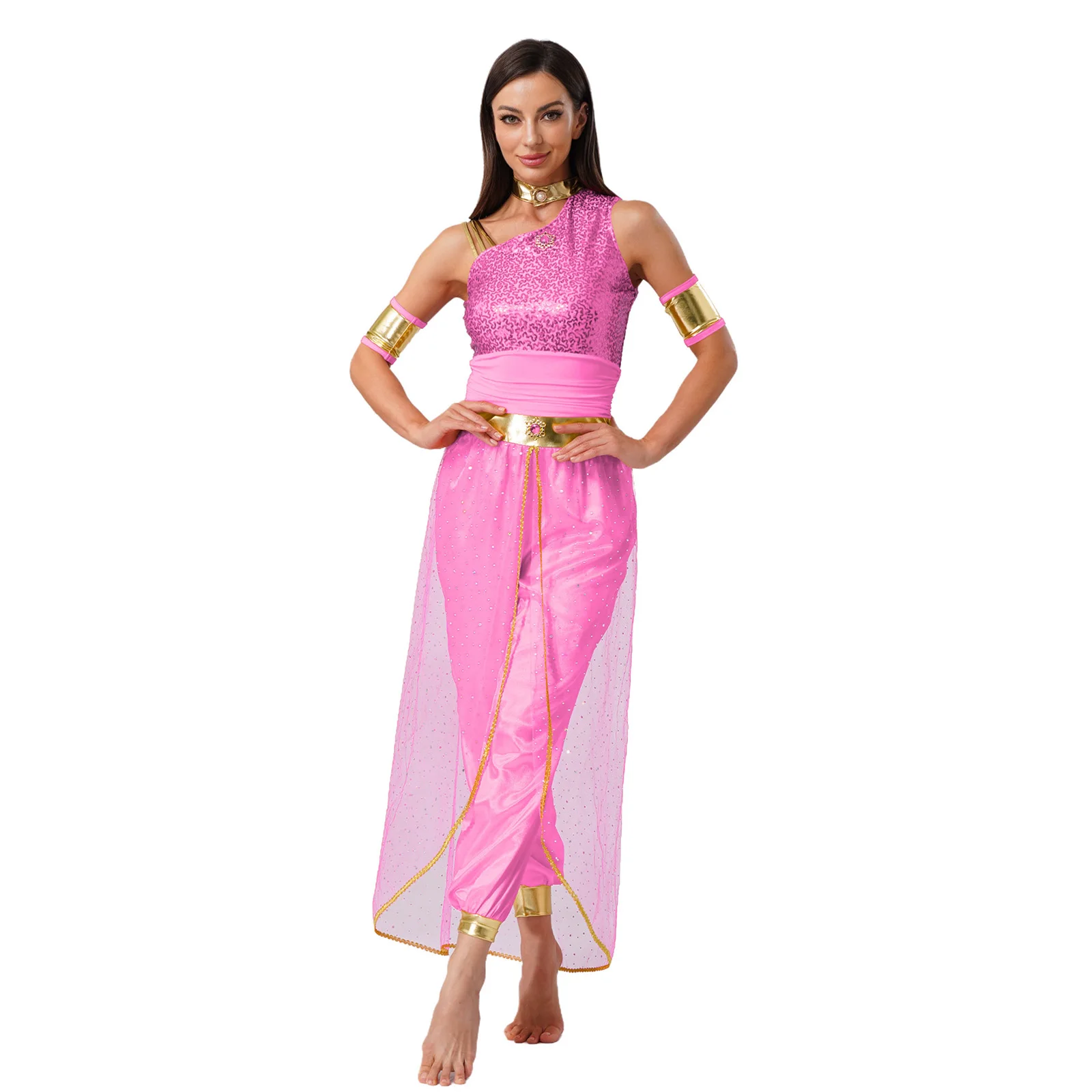 

Womens Arabian Jasmines Princess Cosplay Costume Halloween Carnival Party Indian Belly Dance Shiny Sequin Tulle Overlay Jumpsuit