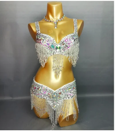 Female Beaded Sequins Belly Dance Costume Wear BRA BELT 2pc Set Showgirl Ladies Bellydancing Costumes Bellydance Clothes