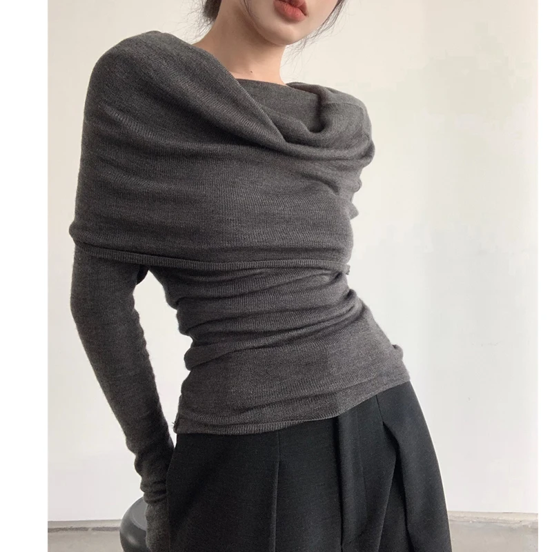 Elegant Fashion Off Shoulder Women Blouse New Pile Collar Knitted Shirt Ladies Office Casual Undershirt Gray Tops Mujer Blusas