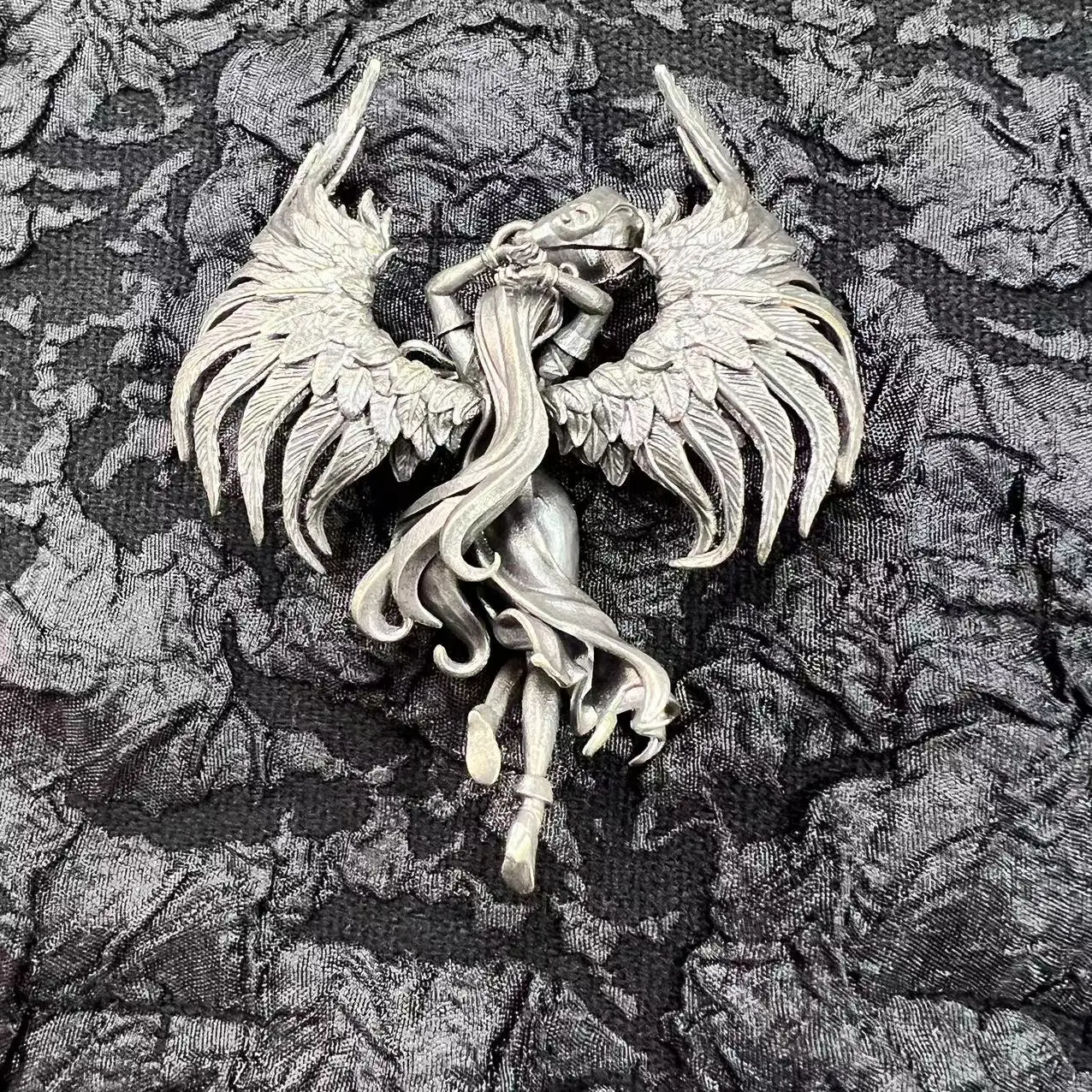 S925 Silver Angel Demon Fine Large Wings Vintage Silver Do Old Color Pendant Tide Men and Women Prayer Punk