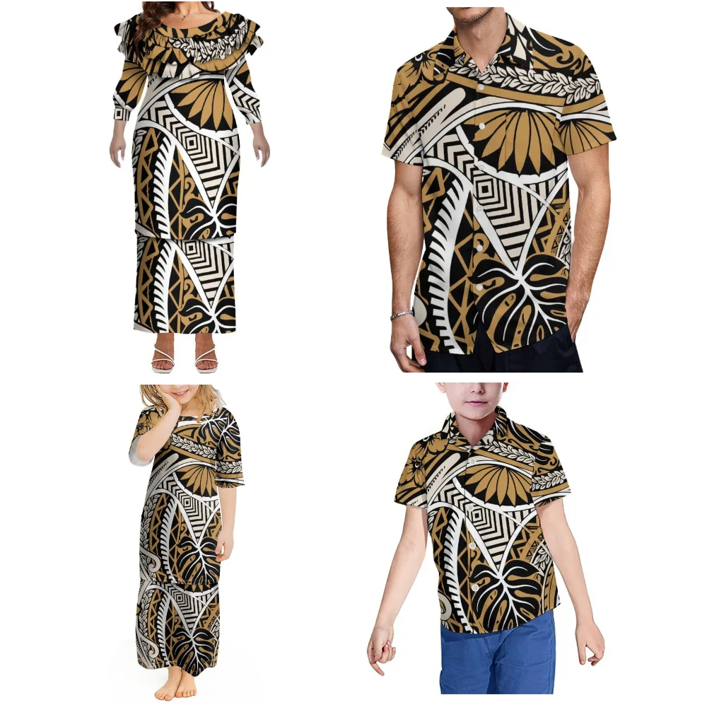 Polynesian Custom Parent-Child Wear Design Summer Lotus Leaf Lace Slimming Puletasi Suit Dress Custom Men'S Shirt Women'S Dress