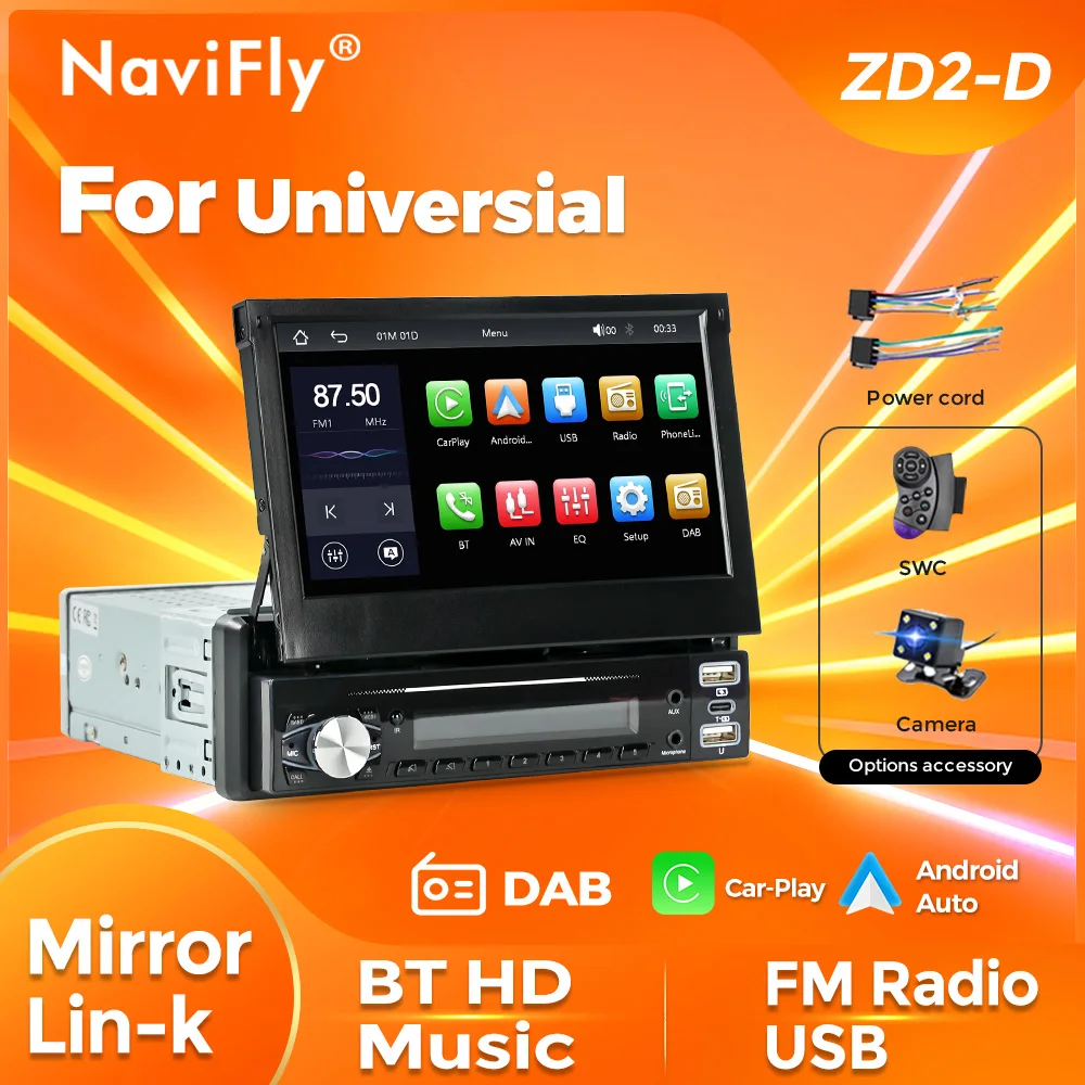 

7 Inch Retractable Touch Screen Wireless Carplay Android Auto Universal 1 Din MP5 Player FM Autoradio AUX BT USB Mirror Link DAB