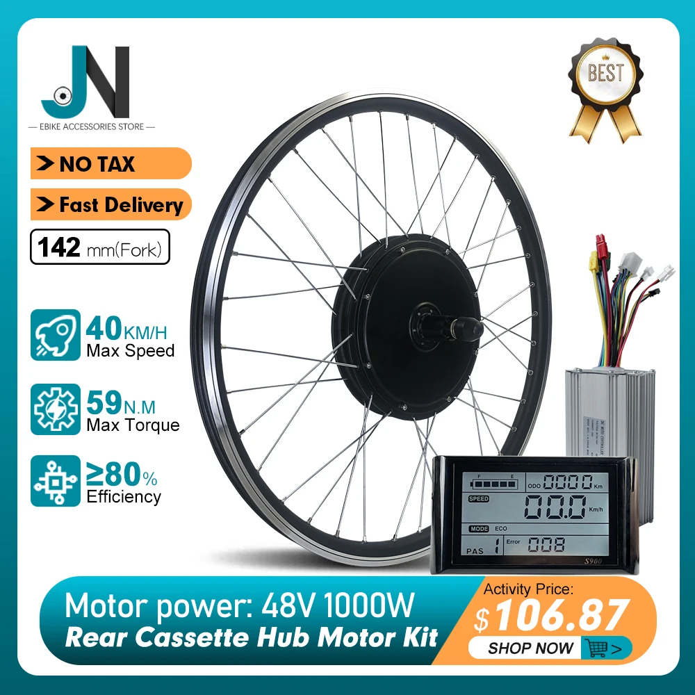 Electric Bike Conversion Kit 48V 1000W Brushless Rear Drive Cassette Hub Motor Wheel with LCD Display Controller,20-29Inch 700C