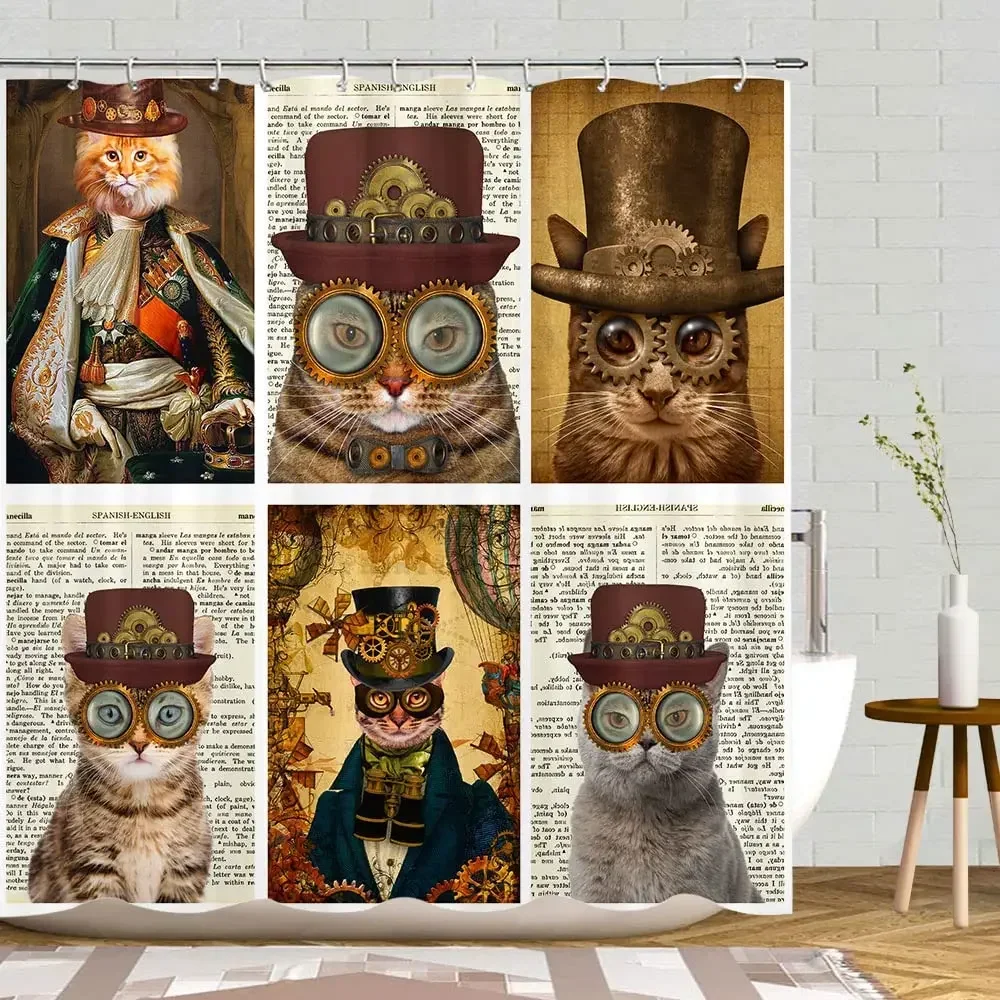 Steampunk Cat Gothic Art Bathroom Shower Curtains Vintage Dictionary Illustration Design Bath Curtain Set with Hooks, Waterproof